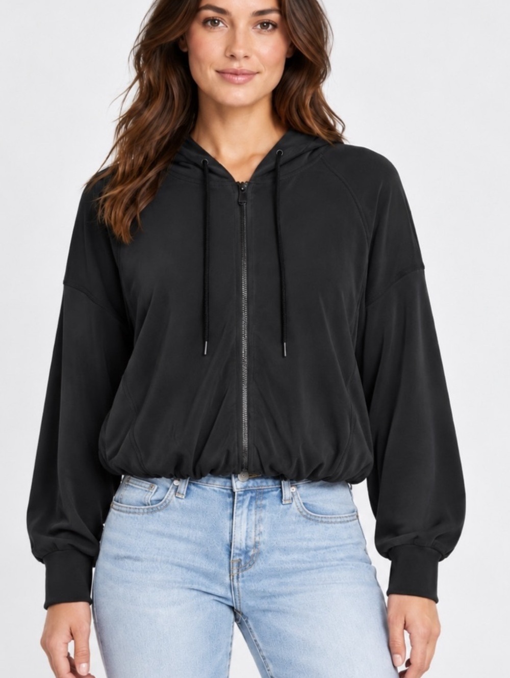 Athleta Black Seasoft Bubble Hem Full Zip Hoodie Women’s Jacket Size XL